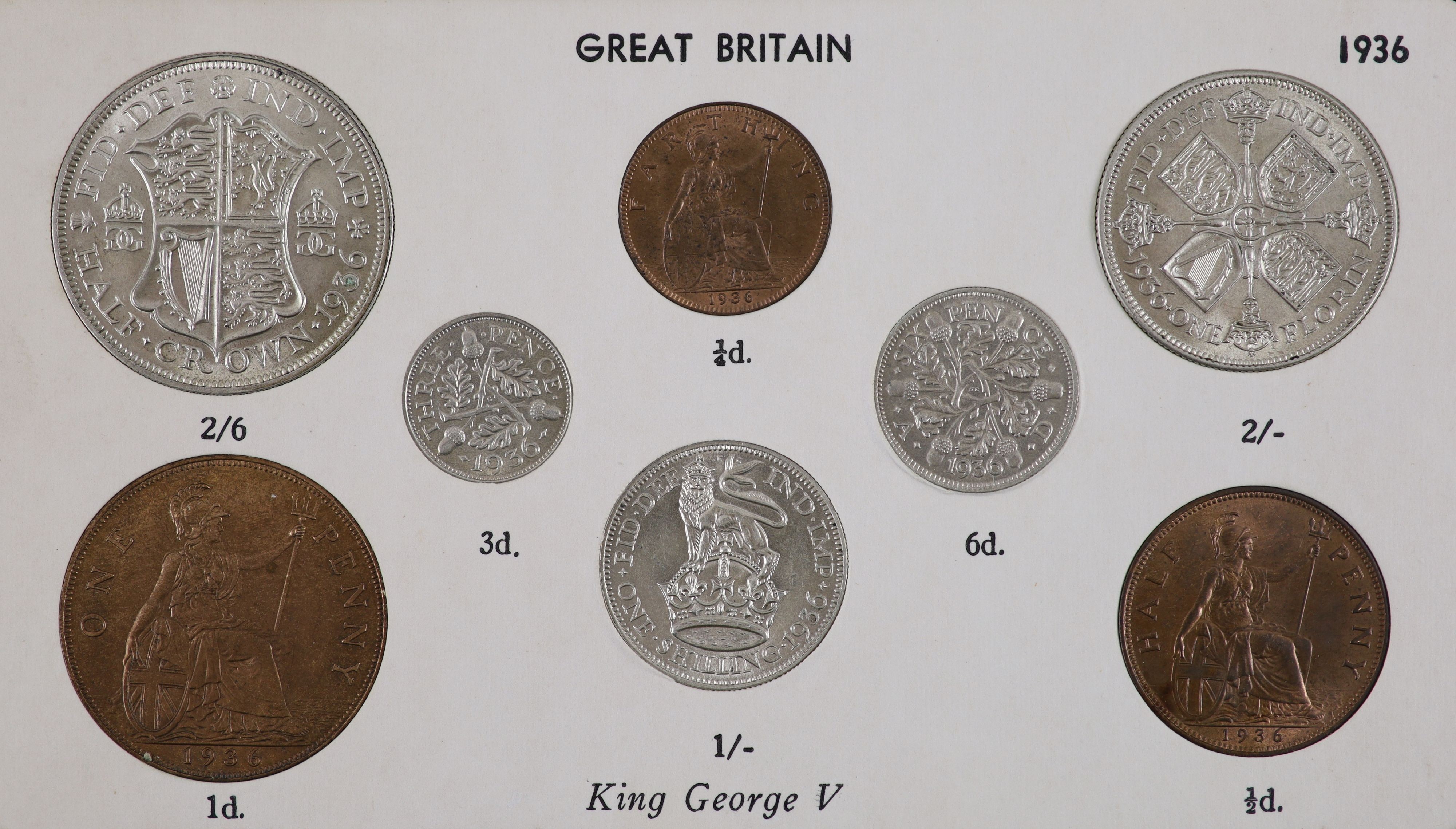George V specimen set of nine coins, 1936, fourth coinage, comprising Crown (S4036), cleaned about EF, scarce, halfcrown florin, shilling and sixpence, cleaned, about EF/EF, the penny, halfpenny and farthing, lustrous UN